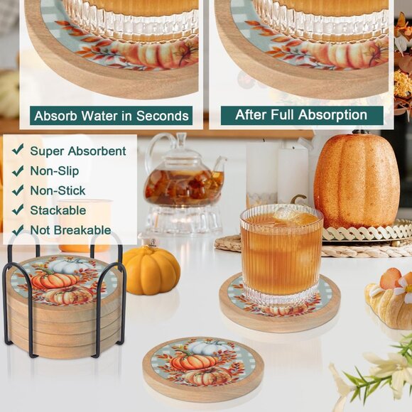 Fall Coasters Set of 6, Pumpkins Coaster, Absorbent Coasters with Holder Hallowe - Picture 2 of 6